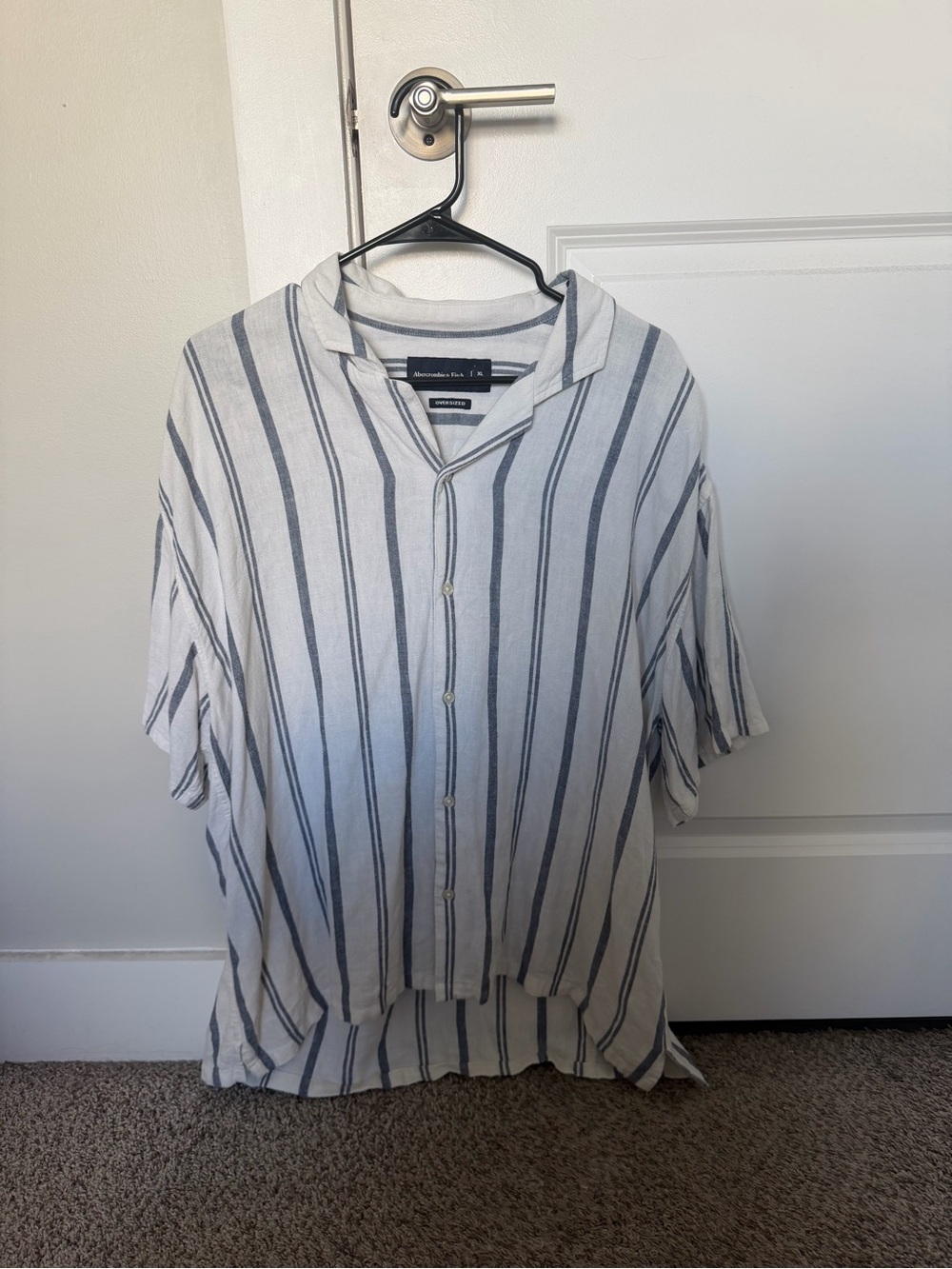 Abercrombie & Fitch Men's White Shirt with Blue Vertical Stripes
